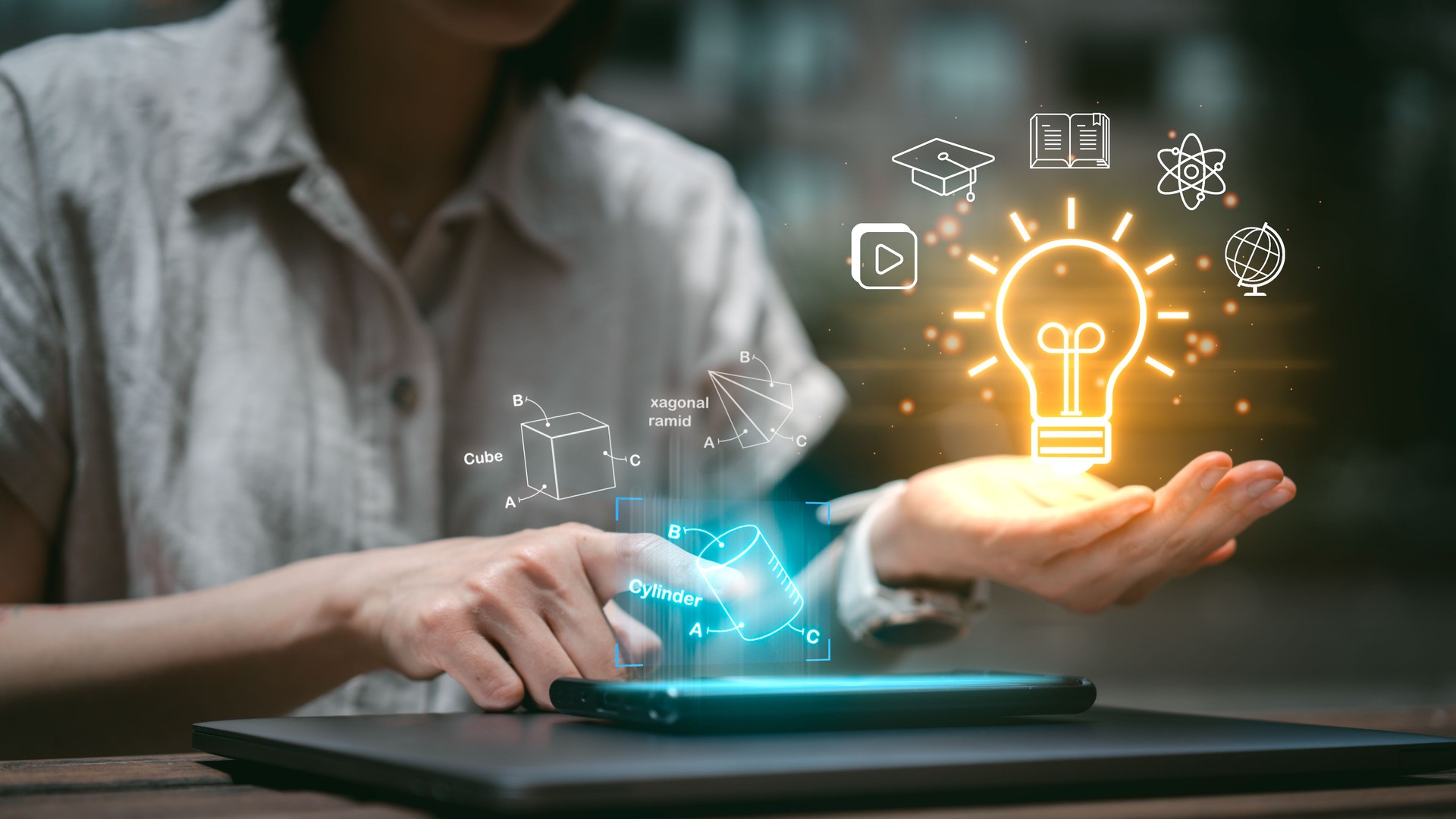 E-learning education concept, internet lessons and online webinar  icon on virtual screen. Person who attends online lessons on a digital screen. Education internet Technology.