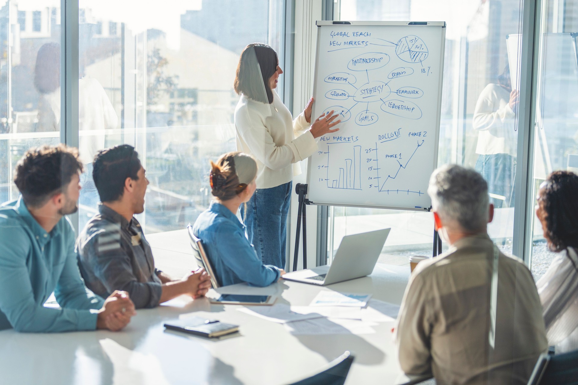 Business people watching a presentation on the whiteboard.